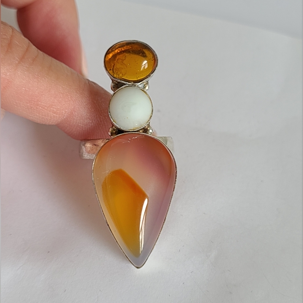 Vintage Boho Orange Amber White Opal Agate Chunky Sterling Silver Cocktail Ring